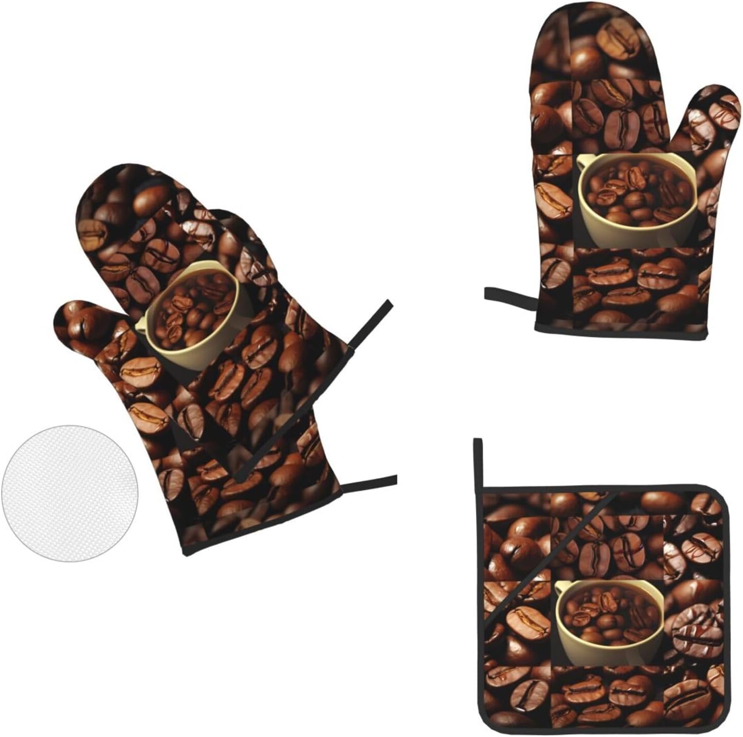 (Coffee Collage) Baking 4-Piece Set: 2 Oven Mitts and 2 Pot Holders Heat Resistant Waterproof Hanging Loop for Kitchen Oven Grill Housewarming Gifts