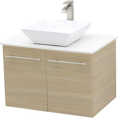 WINDBAY Juego de lavabo flotante para baño de montaje en pared tocador tostado fregadero de cerámica de piedra plana blanca - 24 pulgadas