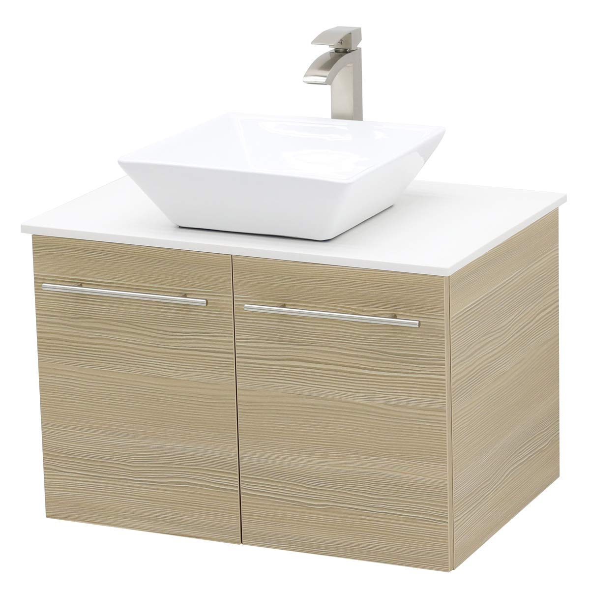 Wall Mount Floating Bathroom Vanity Sink Set. Tan Vanity, White Flat Stone Countertop Ceramic Sink - 30"