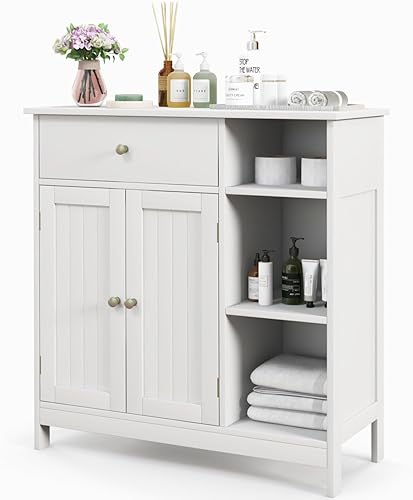 Armario de baño, armario de almacenamiento de piso con 1 cajón, 3 compartimentos abiertos, estantes ajustables, armario decorativo para sala de