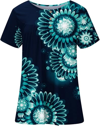 Miniatura 3 de Blusa tipo túnica para mujer para llevar con leggings, elegante estilo casual, con estampado de gemas de manga corta, plisada, con vuelo, Henley