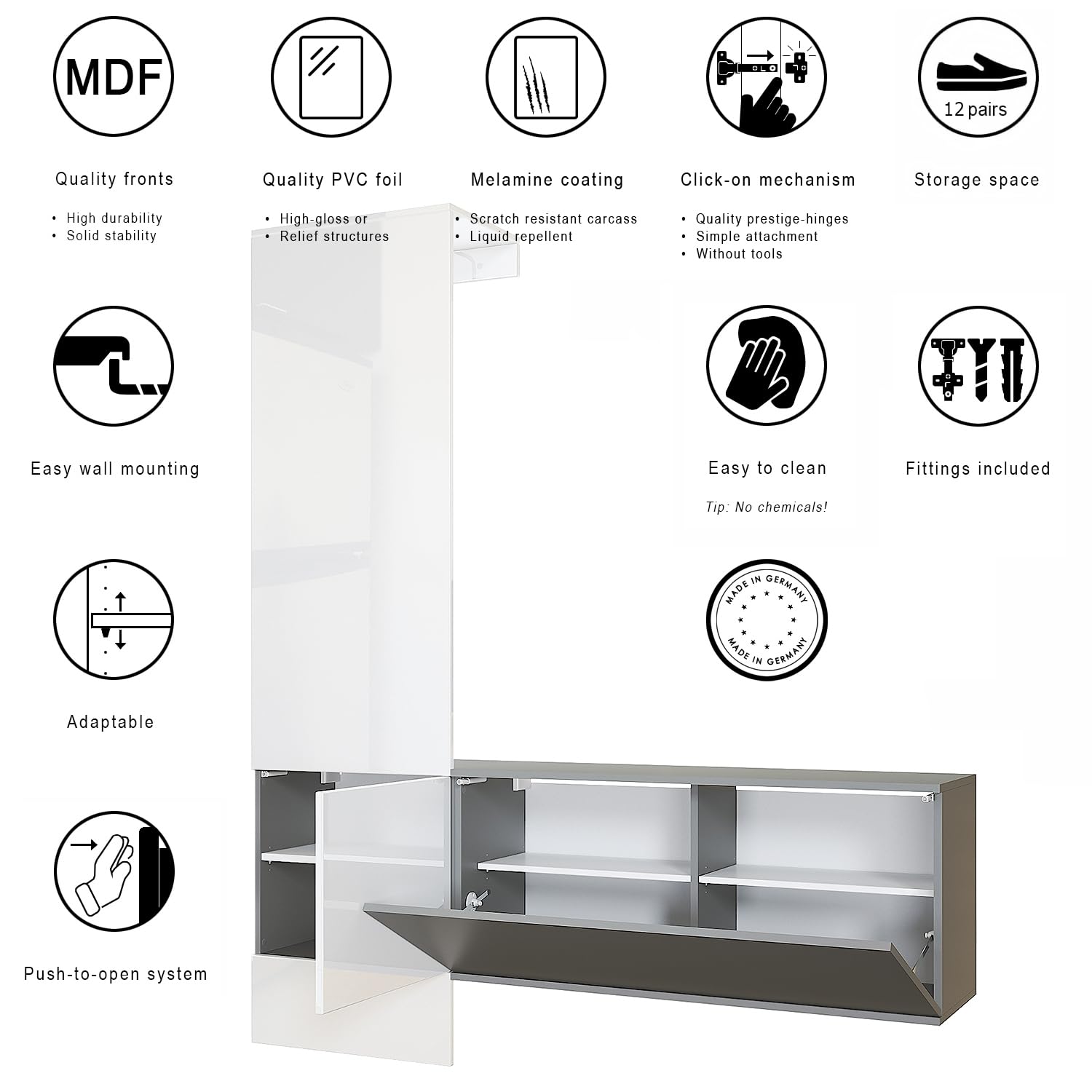 Vladon Garderobe Carlton Set 4 Wandgarderobe Hängeschrank Anthrazit matt Sandgrau Hochglanz 156,5 x 193 x 35 cm