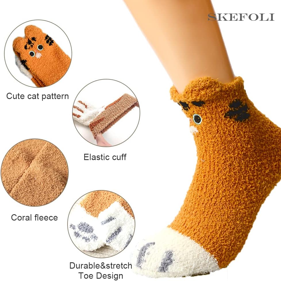 SKEFOLI Cat Paw Socks, 5 Pairs Cat Claw Socks for Girls Women Cozy Fuzzy Cat Feet Socks with Heart - Image 2