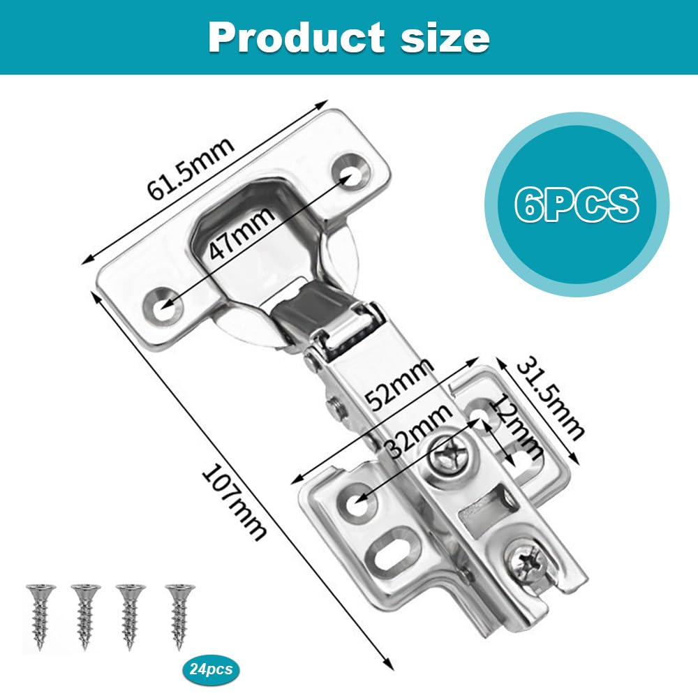 Set of 6 Cabinet Hinges Kitchen Cupboard Hinges with Screws 110 Degree Full Overlay Kitchen Door Hinge for Bathroom Bedroom Dining Room Hydraulic Soft Close Hing - Image 3