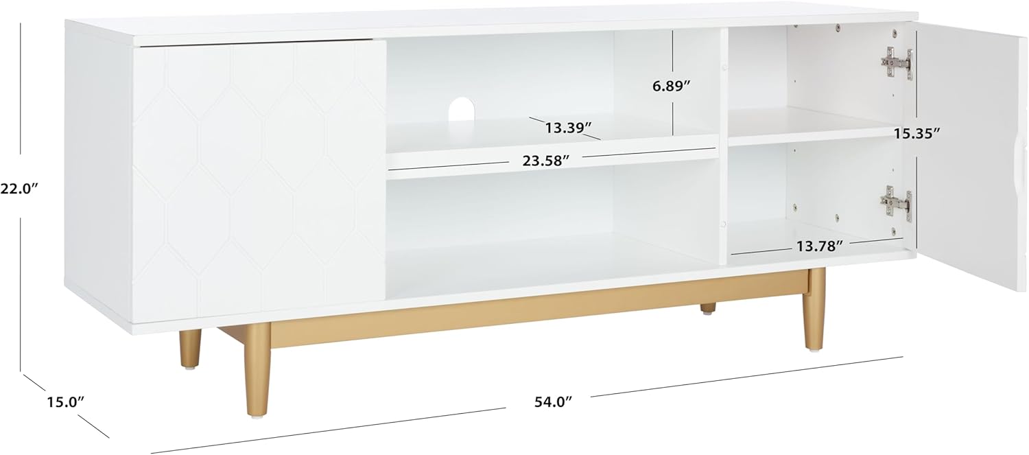 SAFAVIEH Kit TV Stand for up to 60" Flatscreen – White & Gold, 2 Doors with Interior Storage, 2 Open Shelves, Entertainment Media Console (MED5013A)