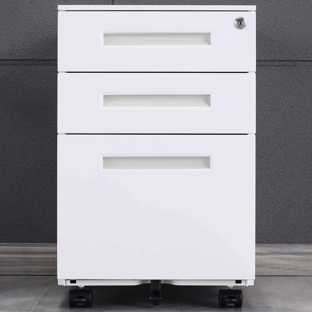 Aktenschränke, Büro-Rollcontainer,Rollcontainer, inkl. 3 Schübe Bürocontainer mit Anti-umkippen-mechanismus für A4, Mobilen, Abschließbar ; 39cm B x 50cm L x 60cm H, JLB021-W
