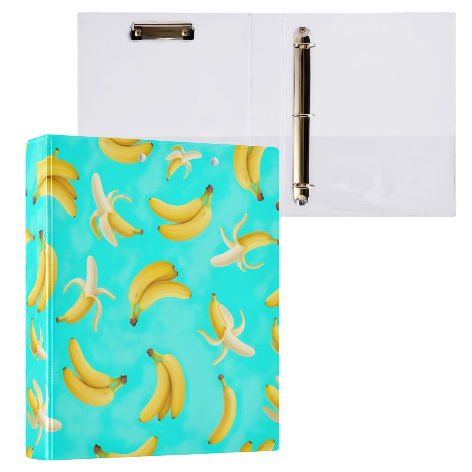 Confezione da 2 raccoglitori a 3 anelli, motivo banane in stile cartone animato, con tasche, grandi, per scuola, università, ufficio