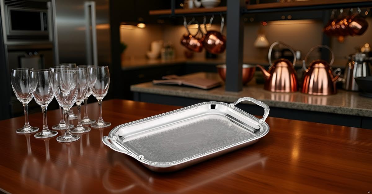 Plateau de service turc en métal argenté avec poignée décorative rectangulaire pour la maison, la cuisine, style laiton fantaisie, vintage, extérieur, mariage, plateau unique
