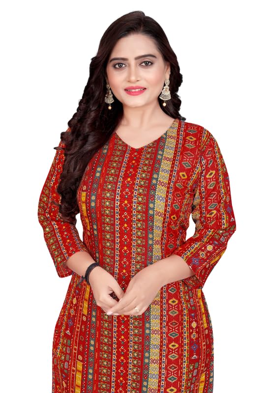 Image of Amthi Women's Cotton Blend Kurti with Foil Print - Red Printed Straight Kurta for Daily