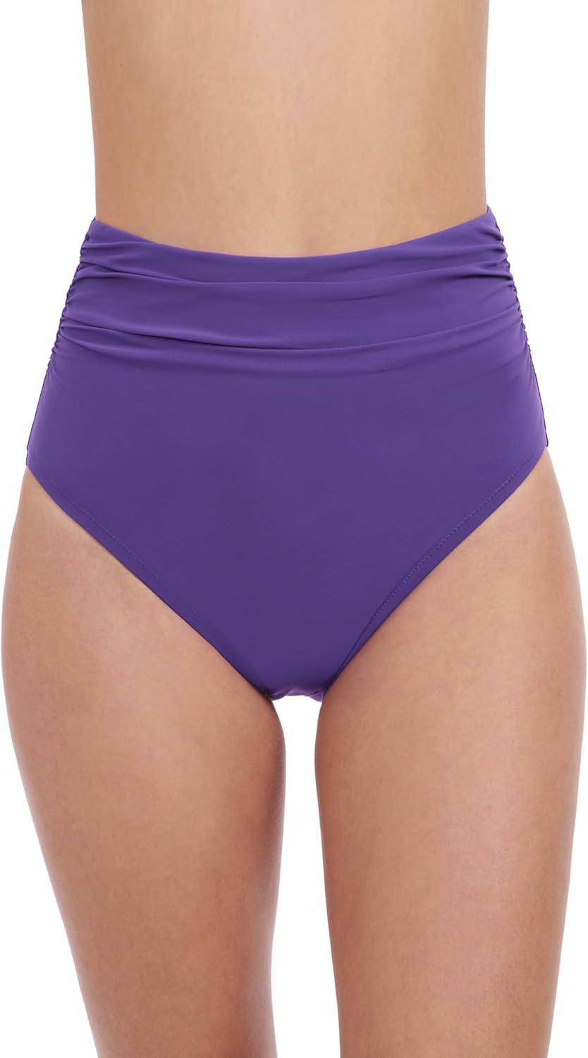 Profile by Gottex Tutti Frutti Solid Classic Womens Shirred High Waist Bikini Swim Bottom with Tummy Control and Back Lining