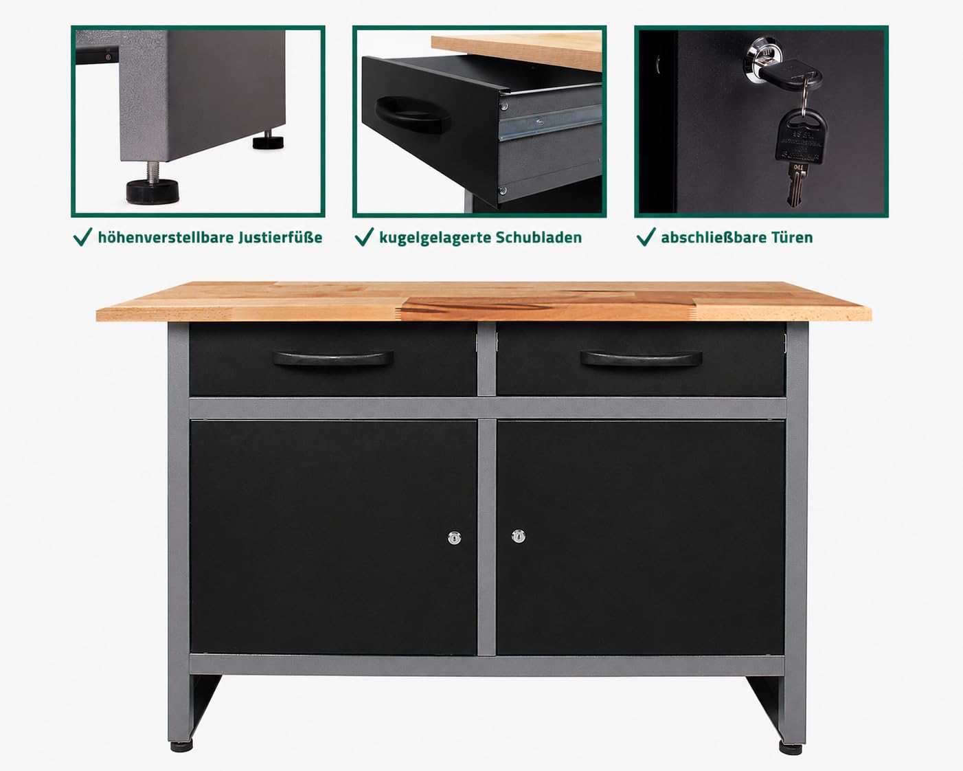 Ondis24 Werkbank Metall mit Schubladen, 2 Schubladen & 2 Türen, Werkstatt Metall 120 cm, Werktisch 120cm, Montagewerkbank, 28mm Buchenholzarbeitsplatte, Werkstatteinrichtung