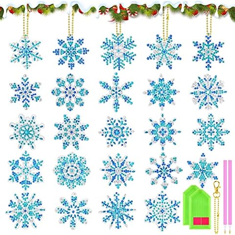 24 Pcs 5D Diamant Kunst Malerei Schlüsselanhänger Kits, Schneeflocken 5D Kristall Strass Schlüsselanhänger Volle Schneeflocke Bohrer Stickerei DIY Handwerk Gemälde Kits Geschenk für Kinder, Erwachsene Cover