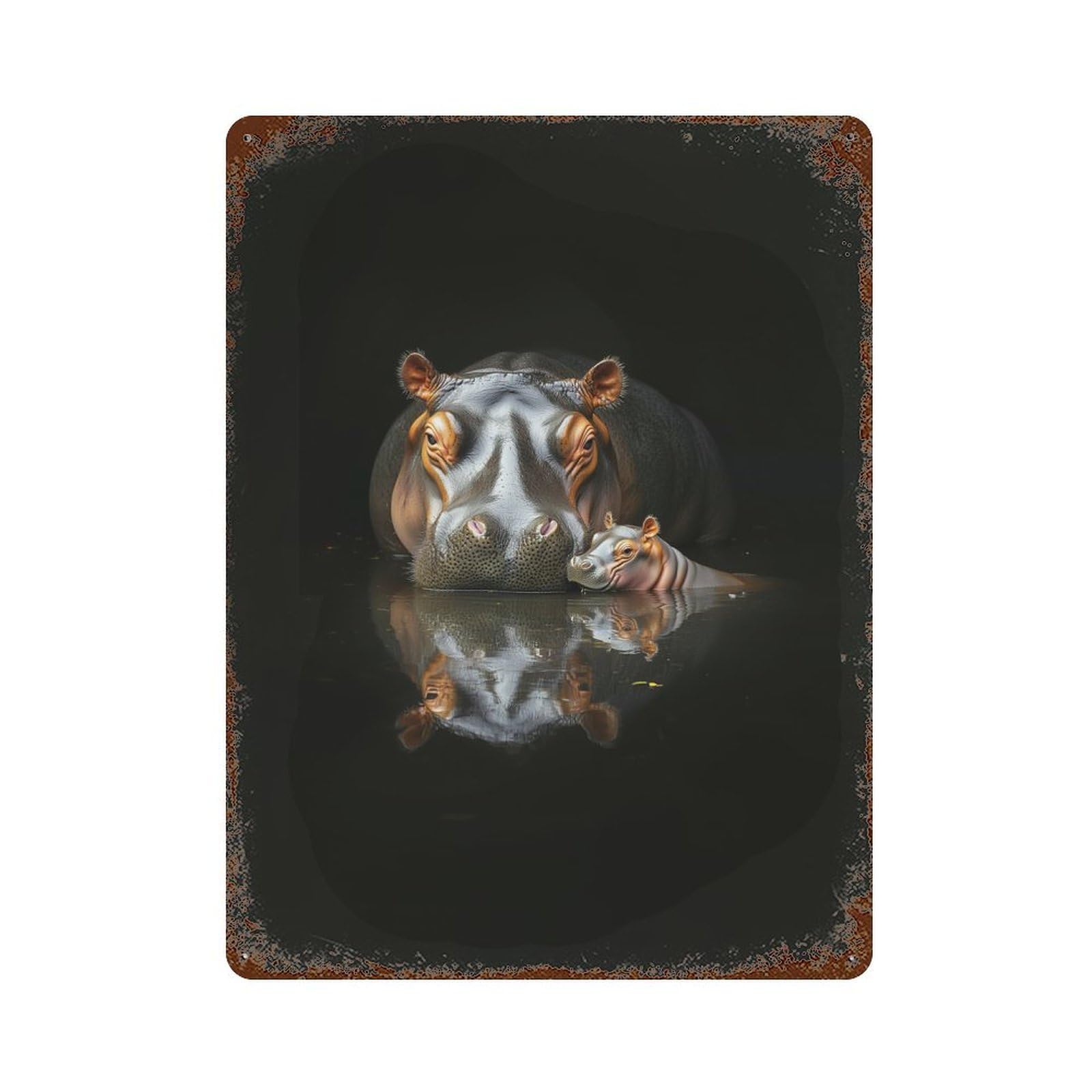 Vintage Rust Metal Sign Hippopotamus Mother And Calf 15.7"x11.8", Decorative Metal Wall Art for Basement, Hobby Room And Garage Decor