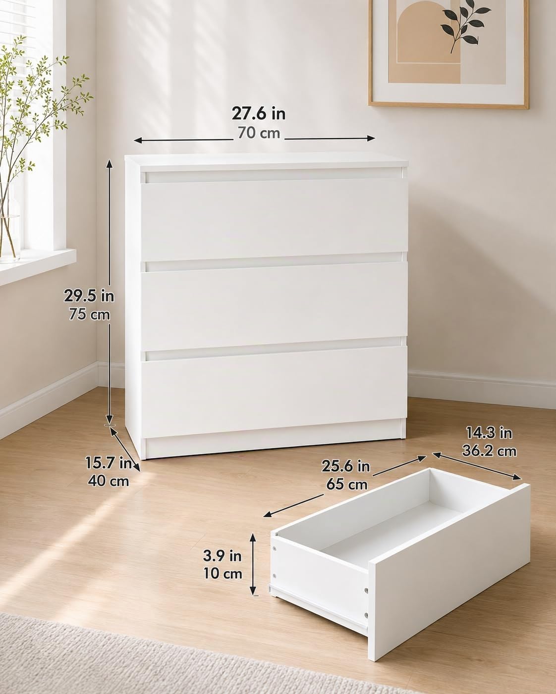Comodino Camera da Letto, Cassettiera Salvaspazio Bianca con 3 Cassetti, Cassettiera Legno 70 x 40 x 75 cm, Comò Camera da Letto Moderno per Soggiorno e Corridoio