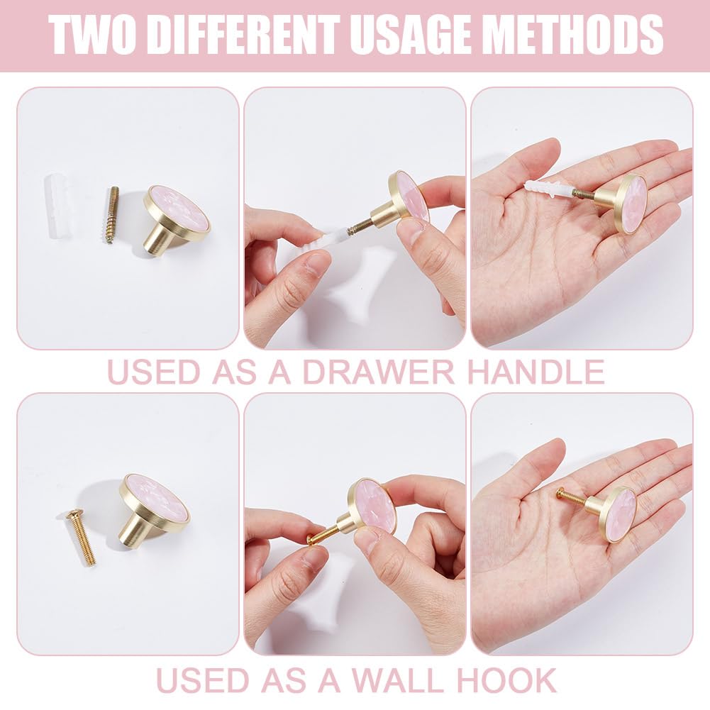DELORIGIN 4 Packs Drawer Knobs Gold Dresser Knob Zinc Alloy Pulls Handles Mother of Pearl Furniture Knobs Accessories for Kitchen Cabinet Dresser Drawers Door Decorative,1.2" Diameter,Pink - Image 3