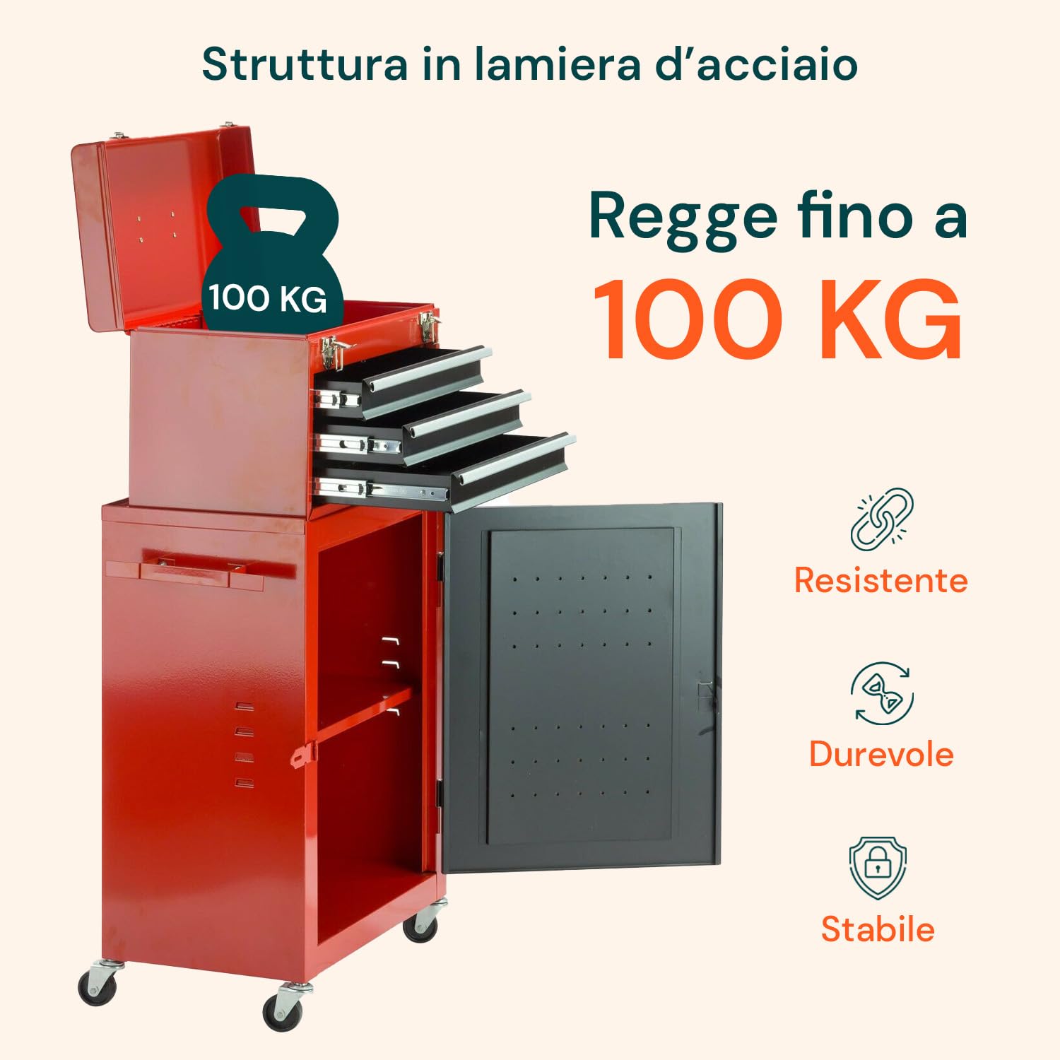 Avilia - Carrello Porta Attrezzi Professionale con 3 Cassetti Scorrevoli e Armadietto con Serratura per Garage e Officina, Struttura in Metallo Verniciato Facile da Spostare