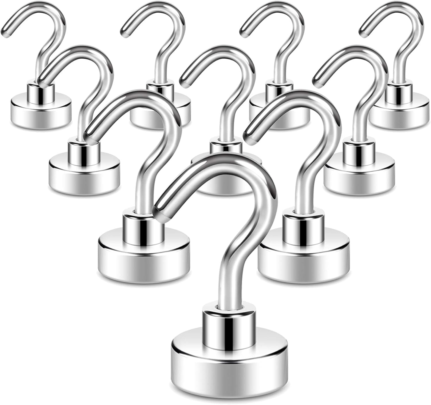 Qyezsotl Silver Magnetic Hooks, 10 Pack Strong Neodymium Magnet Hooks, 26Lb 48Lb 90Lb Strong Magnetic Hooks For Fridge, Magnetic Hooks For Cruise, Strong Magnet (48Lb)