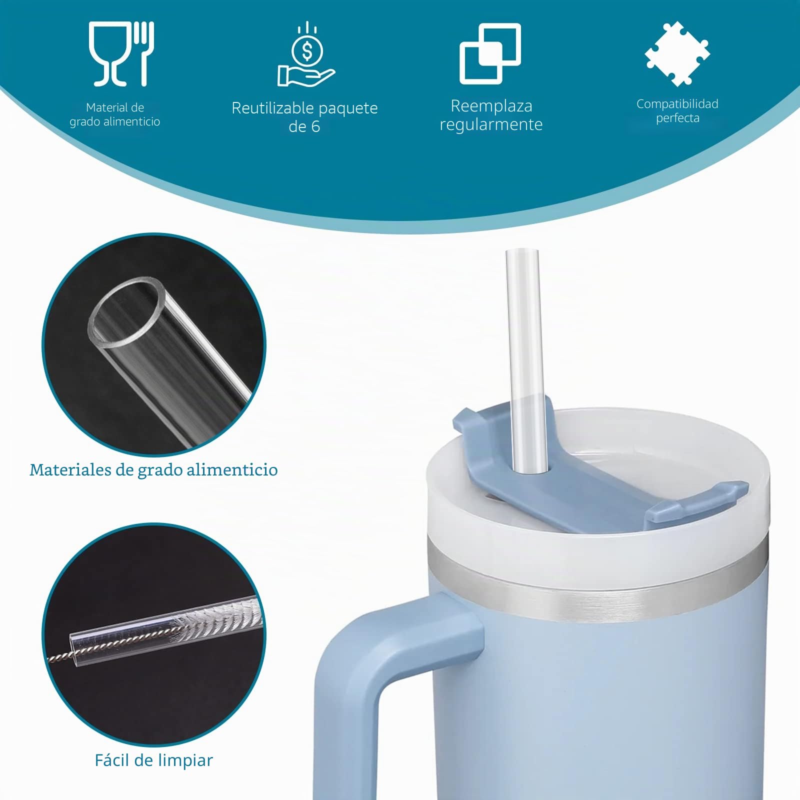 6 Pajitas Reutilizables de Plástico para Stanley 20/30/40 oz Tumbler, Inodoro, Fácil de Limpiar, Material Grado Alimenticio
