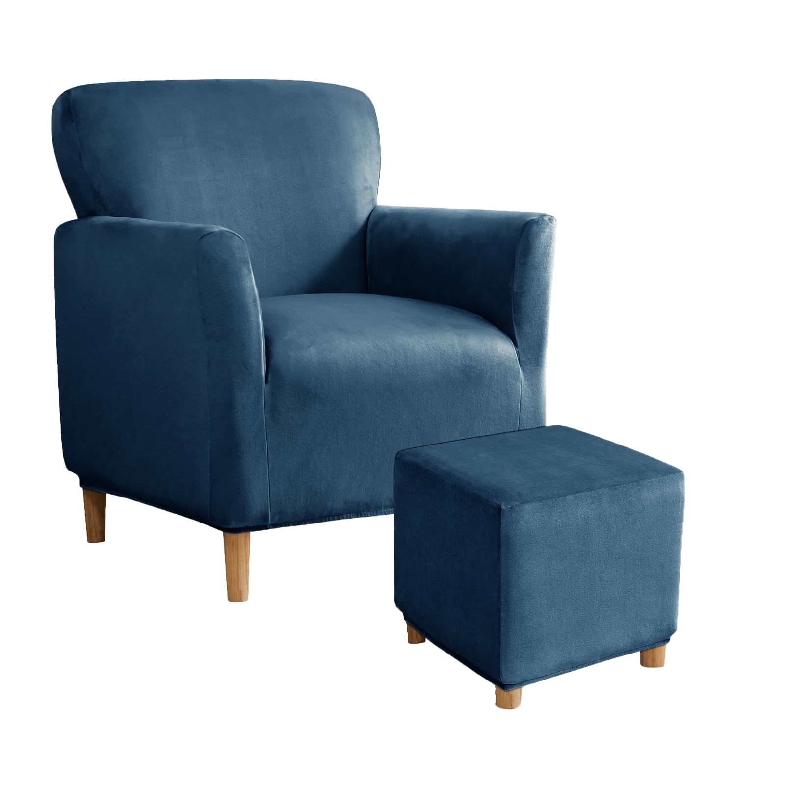 SYLC Stretch Velvet Armchair Sofa Covers with Ottoman Cover Rectangle/Square, Banquet Tub Chair Covers Footstool Slipcover Furniture Protector (Blue,Chair+Ottoman Square S)