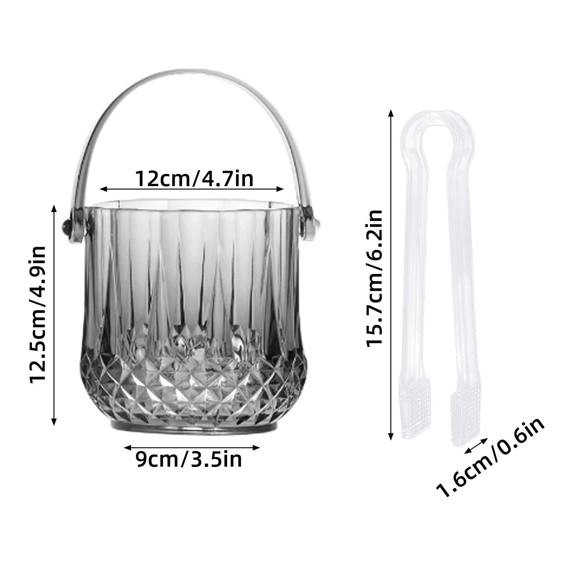 Dmnnlp 1.2L Grey Ice Bucket with Tongs, Acrylic Ice Buckets for Parties Easy Carry Handle Small Bucket for Parties Drinks - Image 2