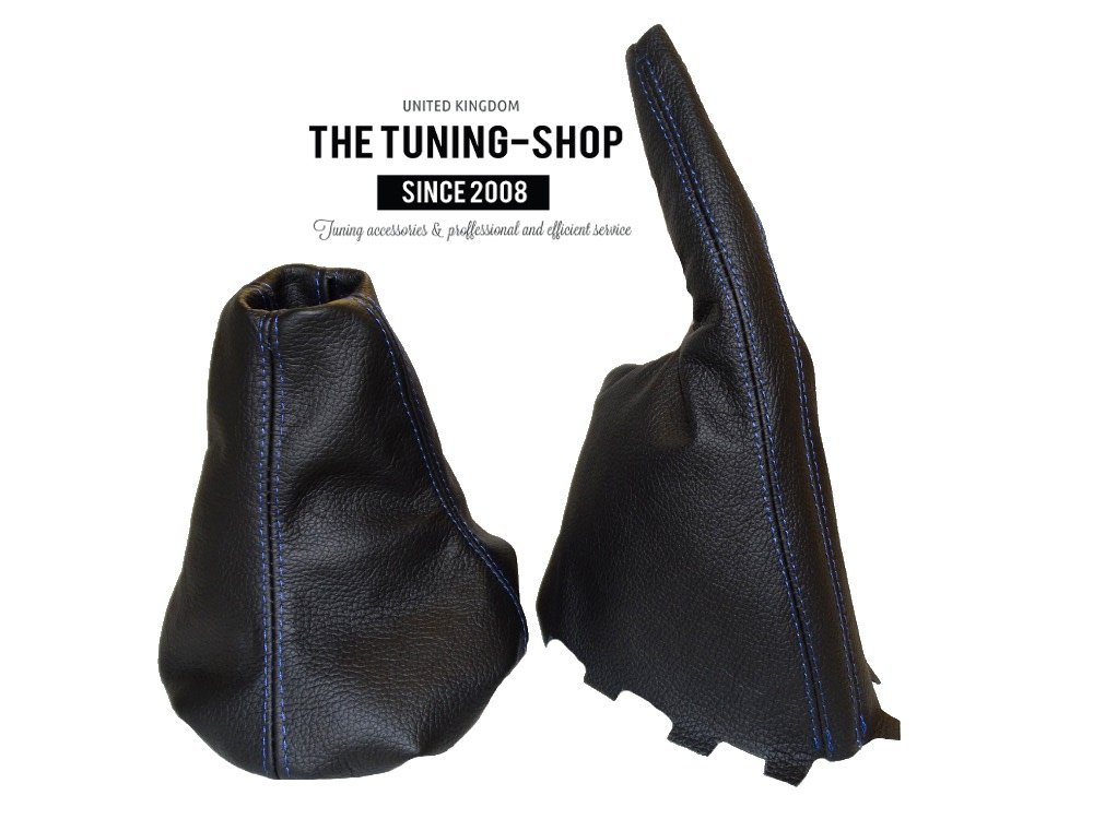 The Tuning-Shop for Saab 9-5 1997-2010 Manual Shift & E Brake Boot Black Leather Blue Stitching