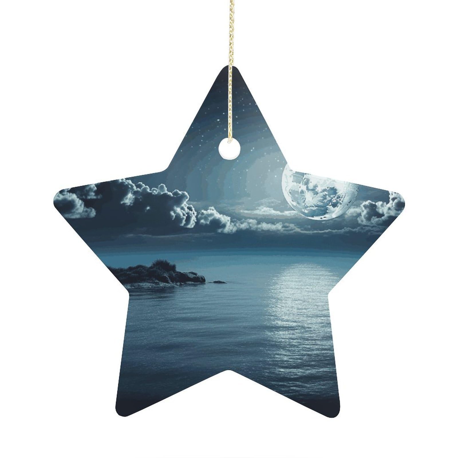 Moon Ocean Landscape Stars Ornaments Ceramic Christmas Tree Hanging Light in Weight Christmas Star Pendants Funny Double-Sided Printed Xmas Ornaments for Gifts