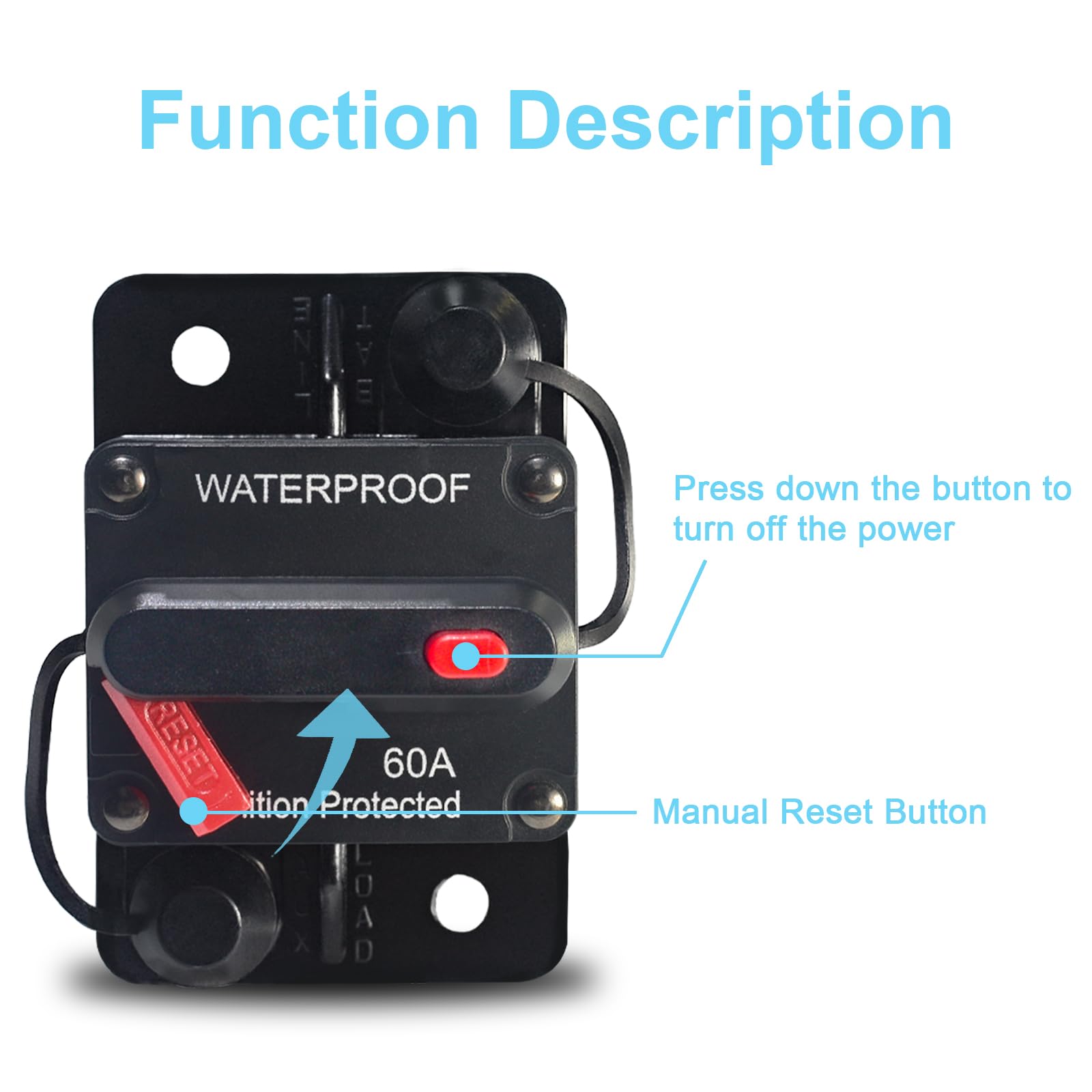 60 Amp Waterproof Circuit Breaker with Manual Reset - for Marine Trolling Motors, Boat, ATV, 12V - 48V DC, Surface Mount — Amazon image 2