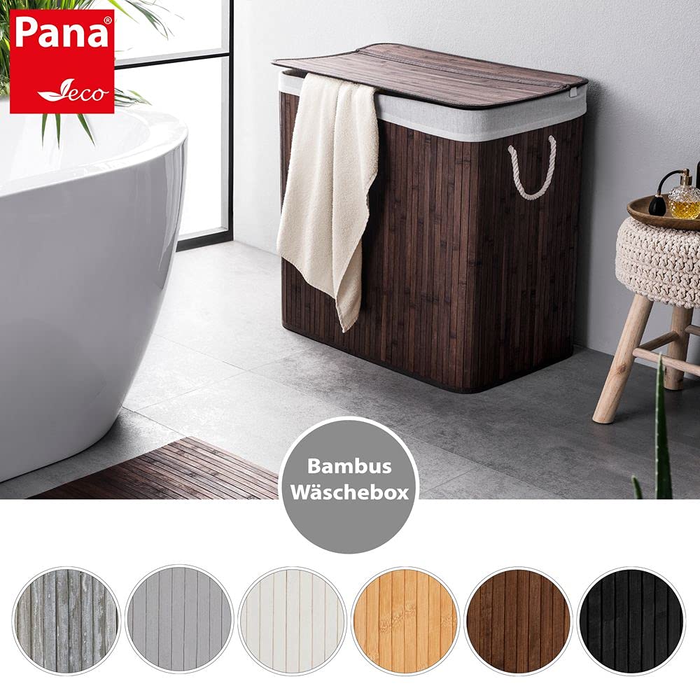 PANA®ECO Bambus Wäschekorb mit Deckel - 104 L, 52x32x63 cm - Farbe: Braun | Herausnehmbarer Wäschesack - Faltbarer Wäschesammler - Kompakt, praktisch, pflegeleicht & robust - 100% Bambus - Viel Platz
