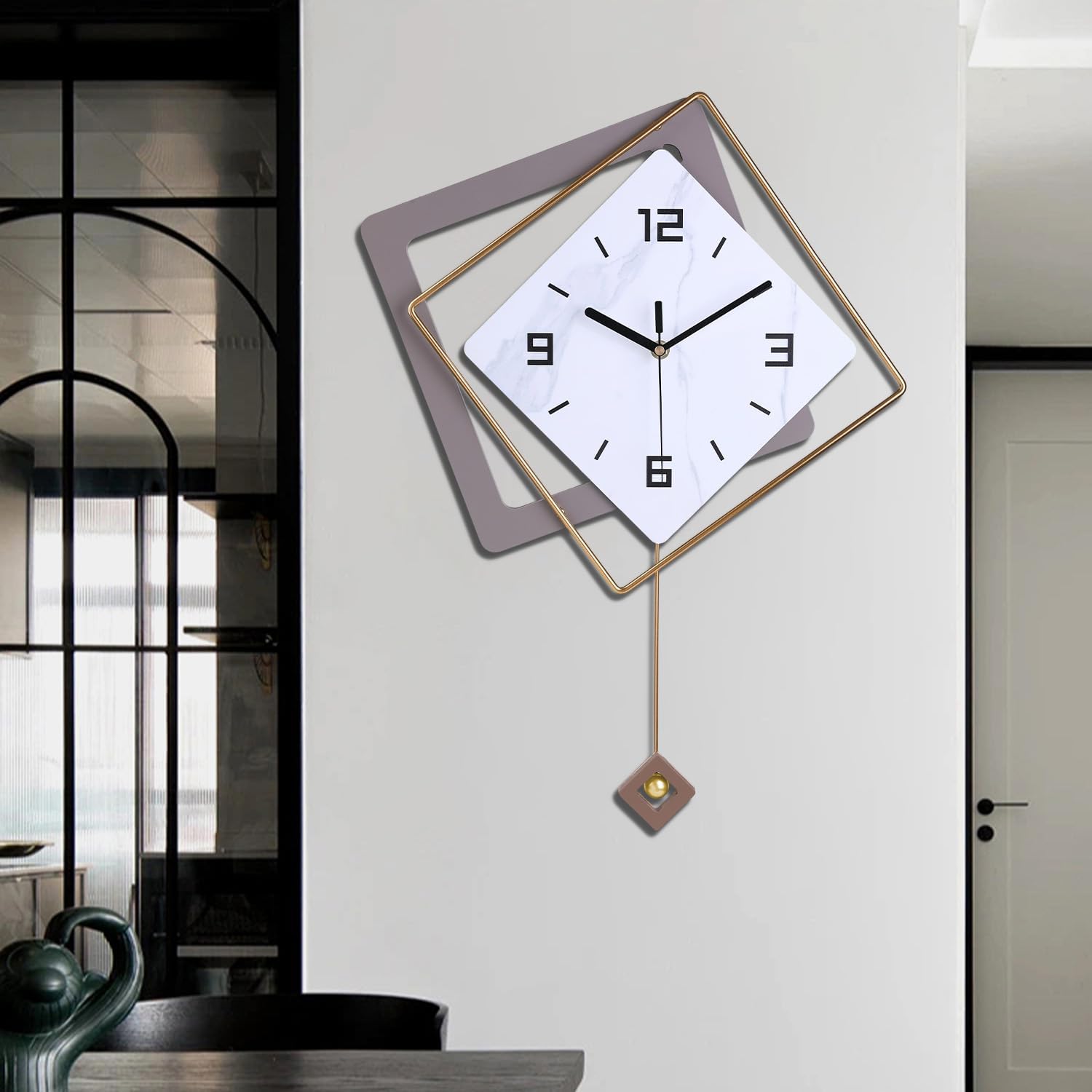 Wall Clock with Pendulum, Silent Quality Quartz Battery Operated, Modern Large Wall Clocks for Living Room Kitchen Home Bathroom Bedroom Wall Decor,16x21inch(Golden) Golden White