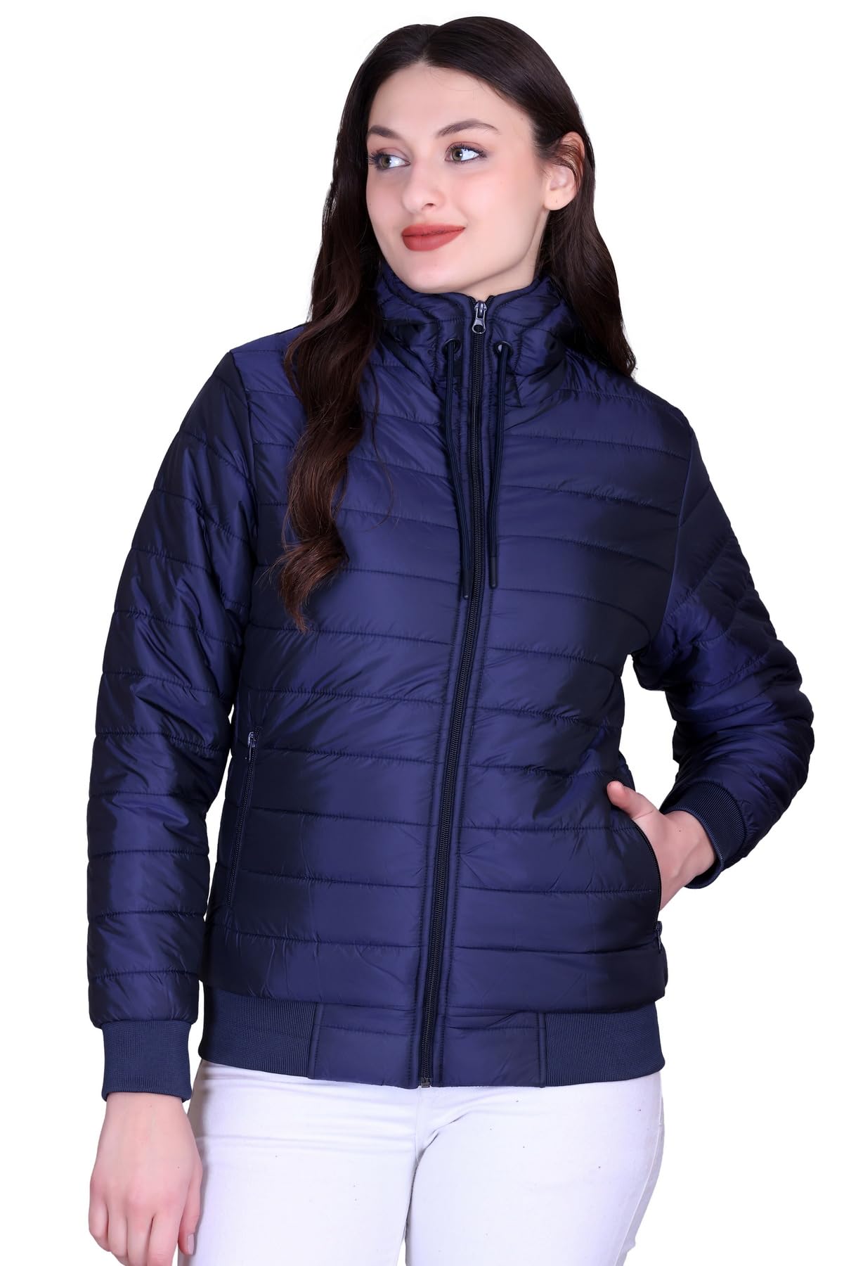 Women's Navy Solid Puffer Hoodie Jacket, Quilted Nylon Fabric, Zip-Up Winter Bomber with Ribbed Cuffs-image-1