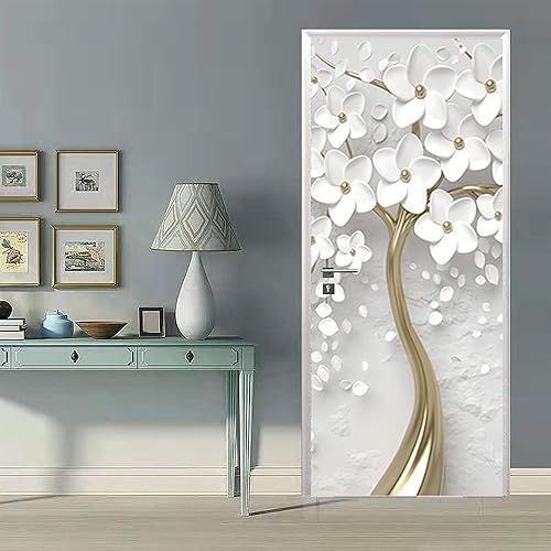 Miniatura 3 de Pegatinas 3D para puerta, calcomanías de pared doradas en relieve, flores blancas en relieve, calcomanías de pared para puerta de madera,