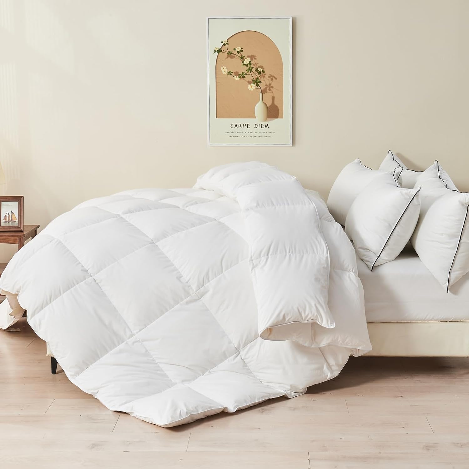 100% Organic Feather Down Comforter Twin Size, Luxury Extra-Fluffy Duvet Insert, All Season Bed Comforter with Ultra-Soft Organic Cotton Case (68x90 Inch, Ivory White) Twin Ivory White