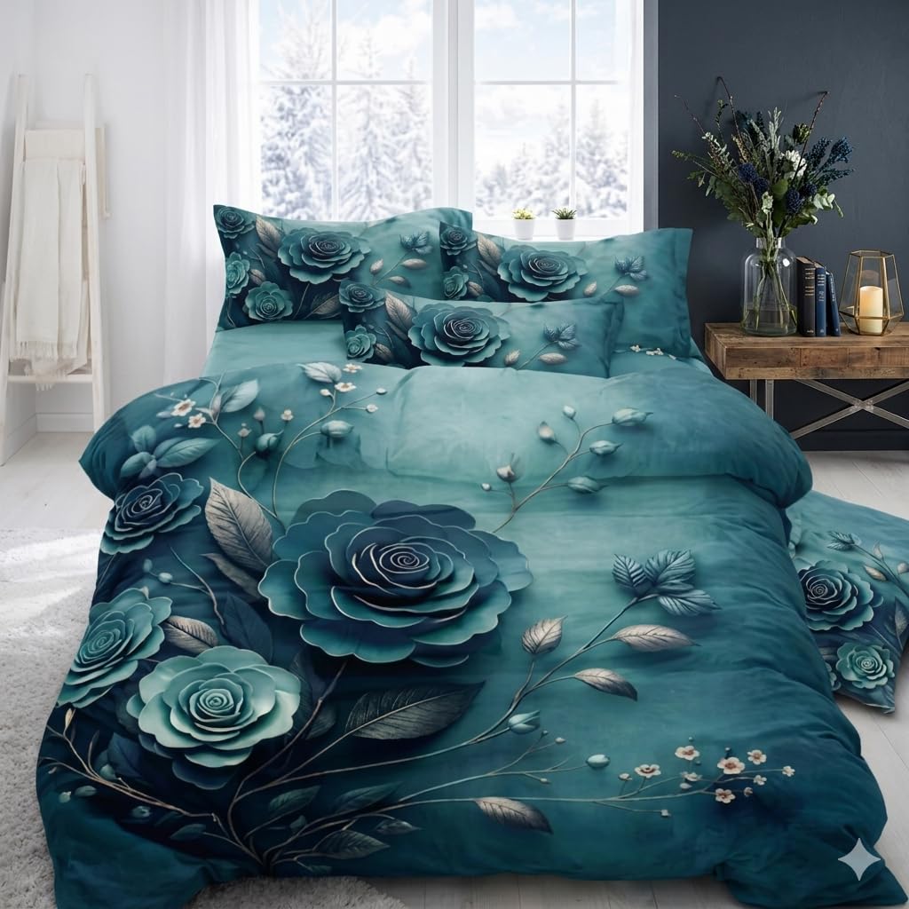 Premium 7D King Size Bedsheet, Teal Floral Rose Print, 3D Effect Design, with Pillow Covers-image-7