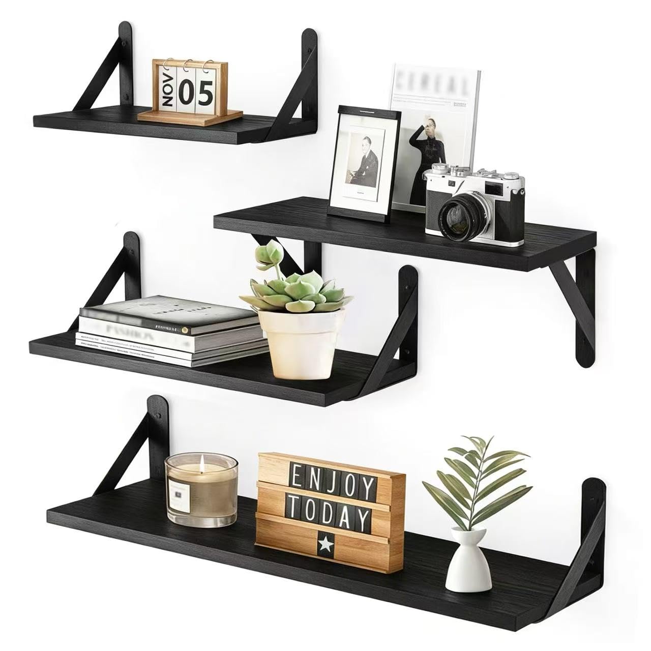 LLHONG 4 PCS Floating Shelves, Wall Mounted Wooden Shelves