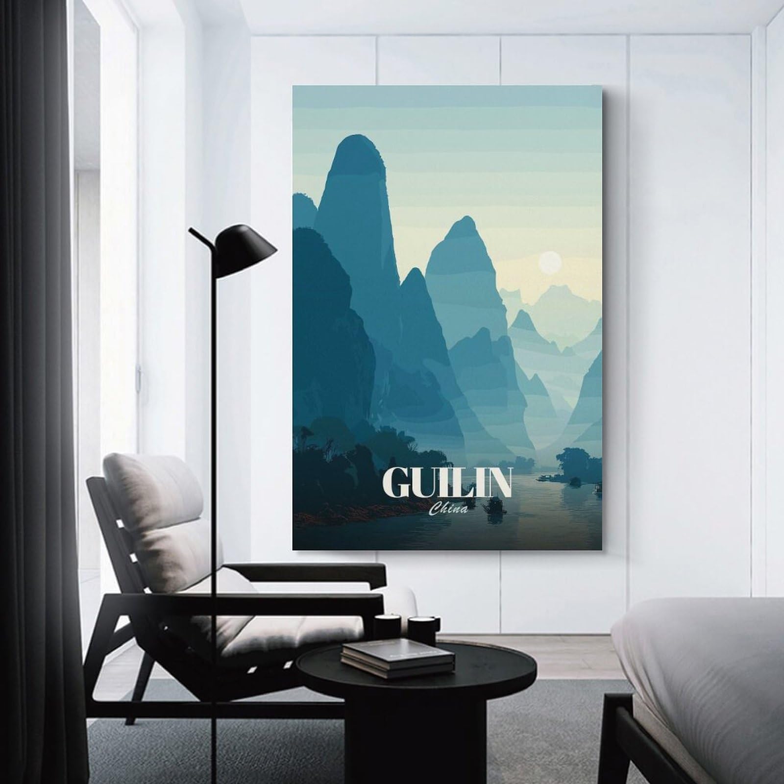 Junmoney Guilin China Landscape Illustration Canvas Wall Decor 24x36inch(60x90cm), for Calm Bedrooms, Home Corners Or Flats, An Easy Wall Refresh for Bedrooms