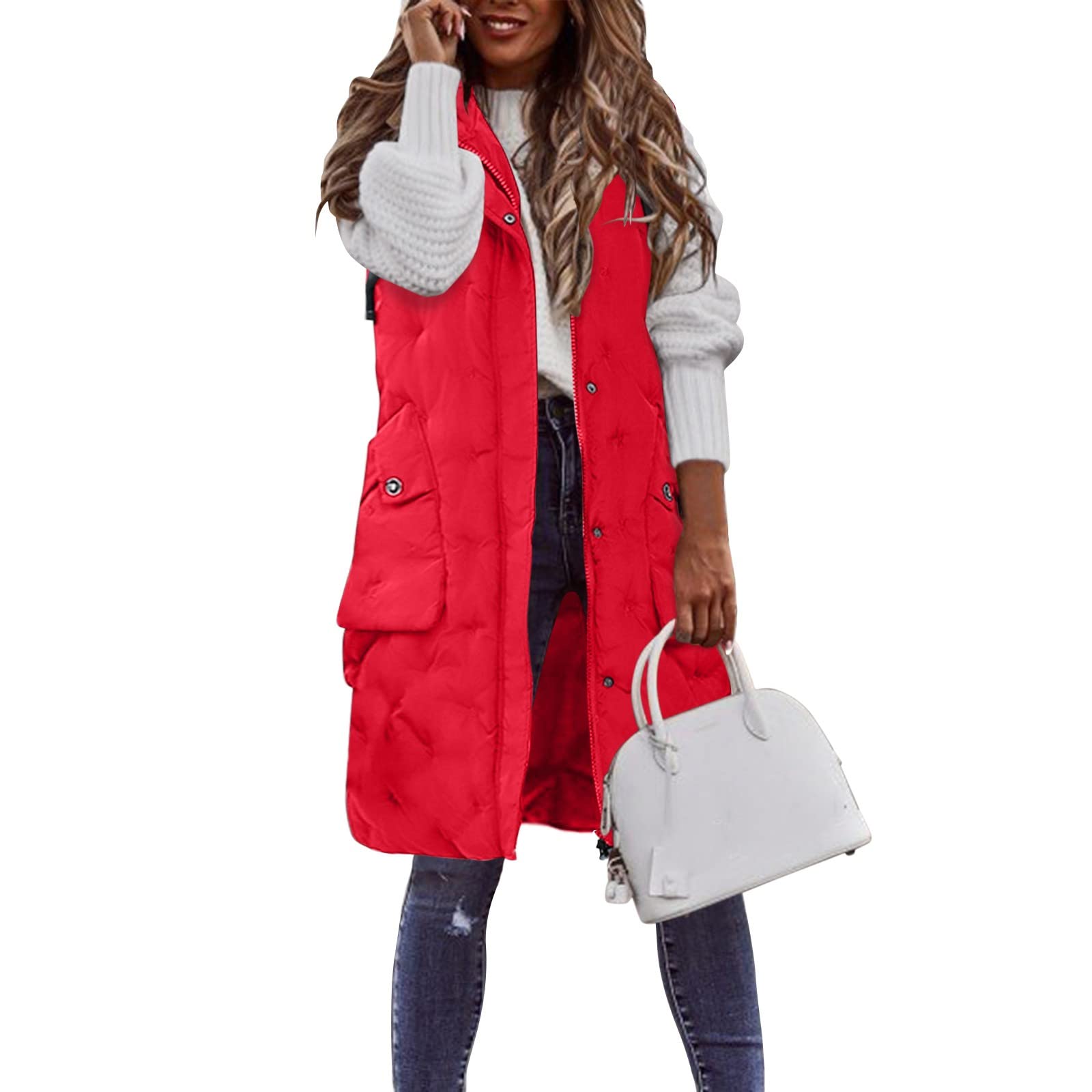 Chaleco con capucha para mujer de longitud media, chaleco acolchado con cremallera para mujer, chalecos casuales de moda de color sólido, chalecos versátiles ligeros y cómodos, chalecos cálidos con