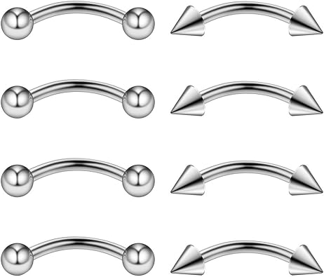 Ruifan 4PRS Eyebrow Piercing Jewelry Curved Barbell with Ball Spike Kit Eyebrow Tragus Lip Ring 16g 16 gauge 8mm