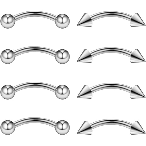 Ruifan 4PRS Eyebrow Piercing Jewelry Curved Barbell with Ball Spike Kit Eyebrow Tragus Lip Ring 16g 16 gauge 8mm