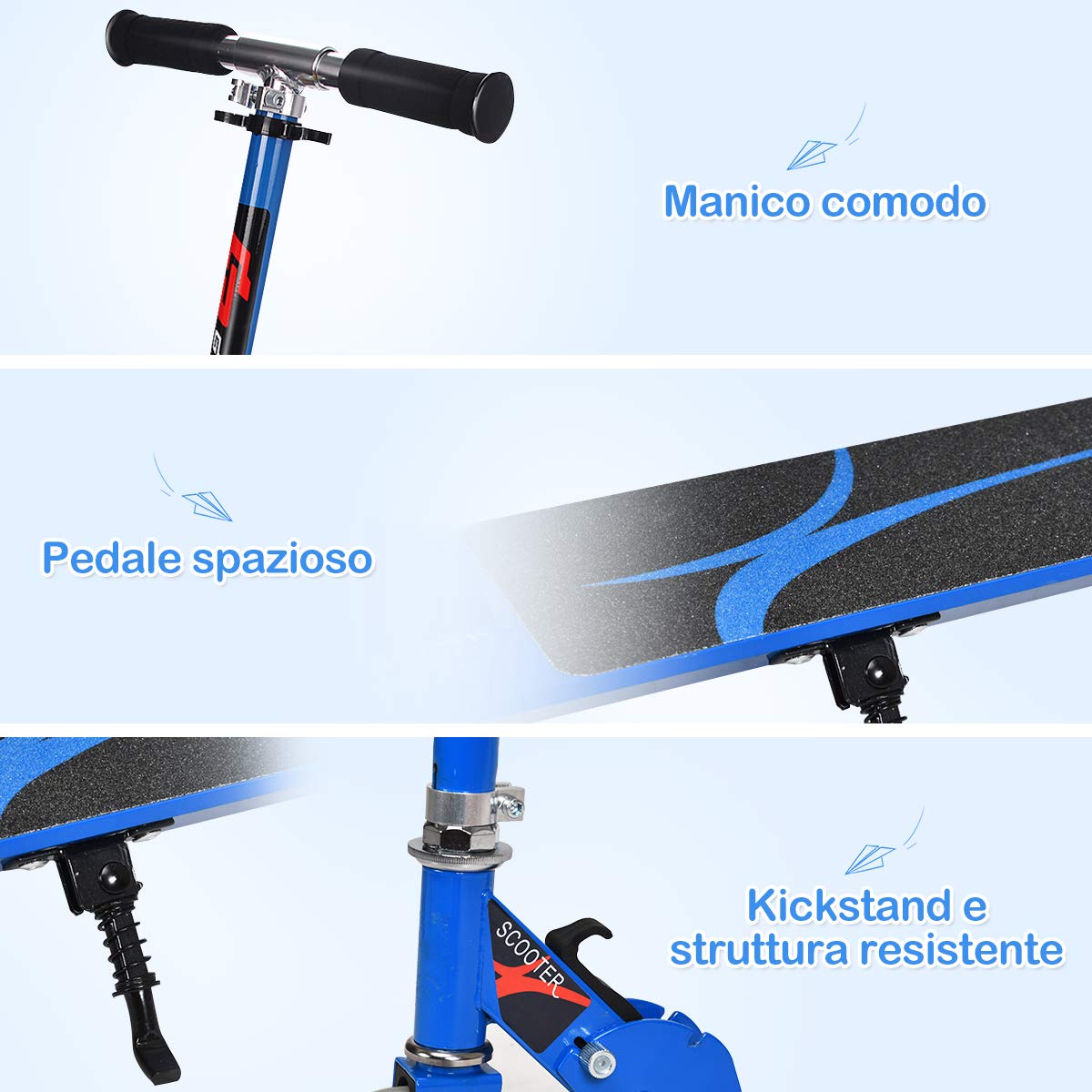 GOPLUS Monopattino Pieghevole, 3 Altezze Regolabili, per Bambini 4-13 Anni, 2 Ruote Luminose, Freno a Pedale, in Alluminio, Portata 70 kg, 31x70x63-87cm, Blu