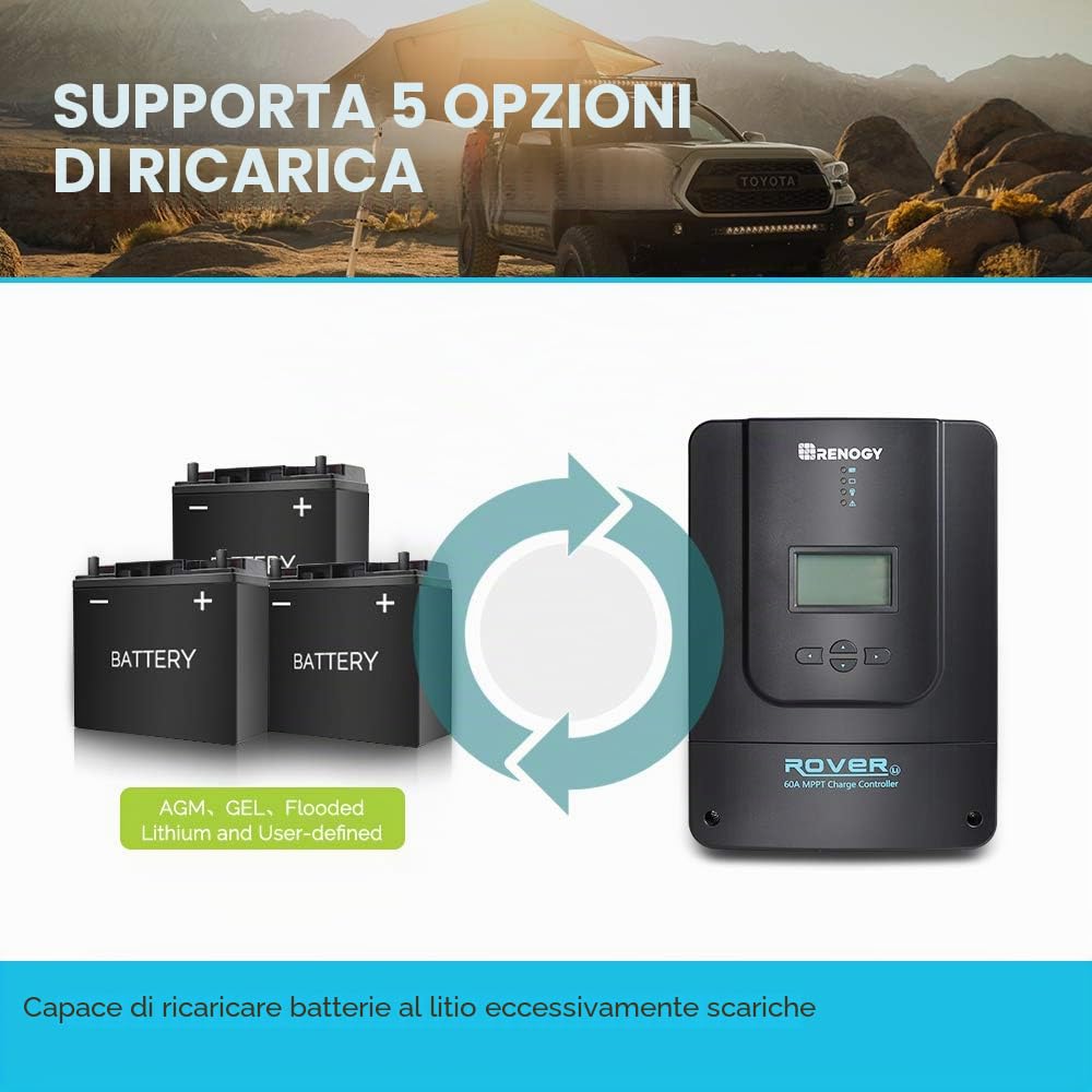 Renogy Regolatore di Carica MPPT 60A, 12/24/36/48 V, Pannello Solare Con Schermo LCD per Batterie AGM, Gel e Litio