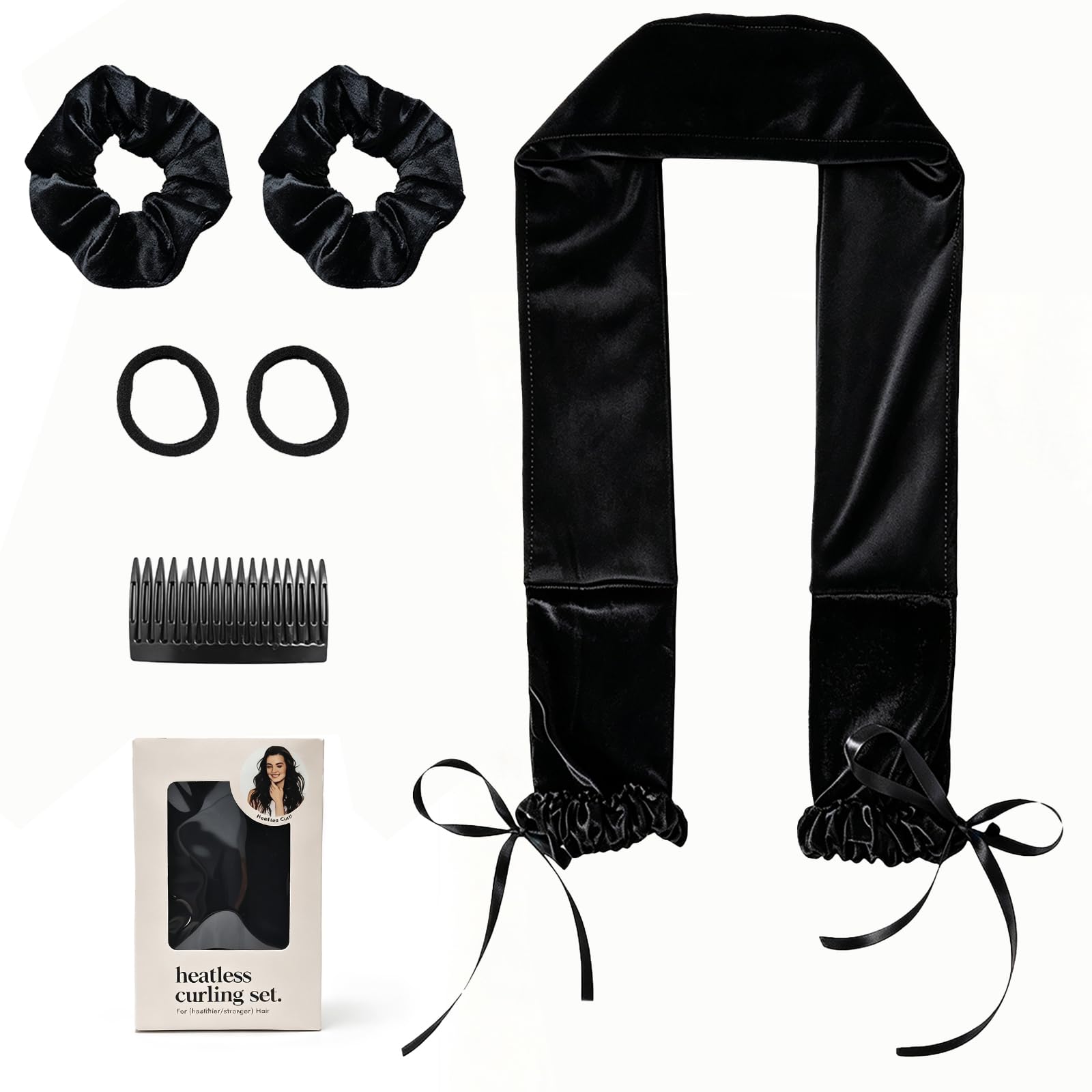 Sleep Tie, Heatless Curling Headband Overnight No Heat Curler Set for Long Hair Black