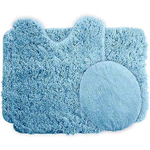 Lavish Home 3-Piece Bathroom Rug Set - Non-Slip Bath Mat Set with Bath Rug, Contour Mat, and Toilet Lid Cover - Machine Washable Mats (Blue) Cover