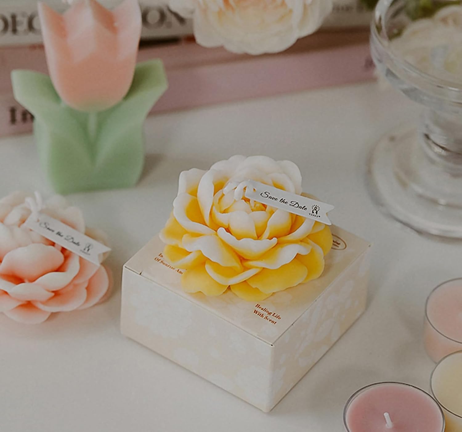 Jasmine Flower Shape Scented Candle,50G Multicolour Romantic Soy Wax Aesthetic Decorative Healing Candle for Valentine's Day Wedding Birthday,Prefect Gift for Meditation Stress Relief Mood (Yellow) - Image 3