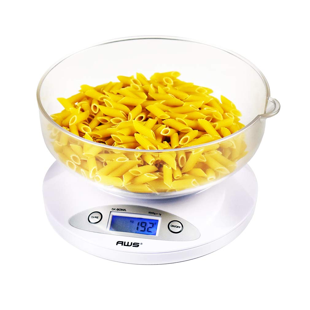 American Weigh Scales Digital Kitchen Bowl Scale, Backlit LCD Display, Auto Off Function, Removable Bowl Design White5KBOWL-WT