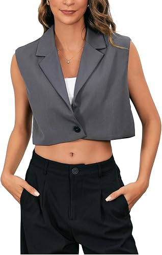 MakeMeChic Women's Old Money Crop Suit Vest Sleeveless Tops Lapel Button Front W