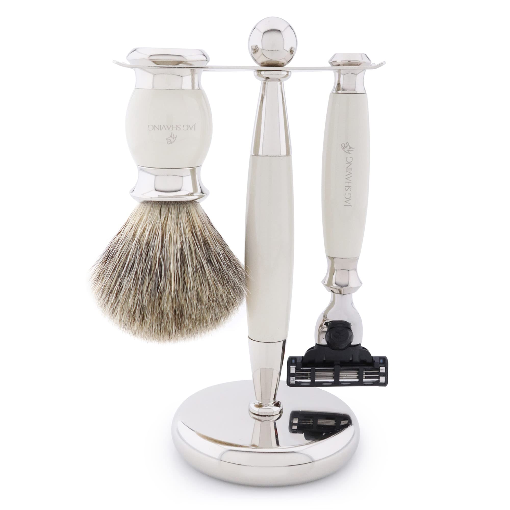 Jag Shaving Zestaw do golenia – 4-częściowy zestaw do golenia – JAG's LEE Range – pędzel do golenia z włosia borsuczego – 3 krawędzie ostrza do golenia – miseczka do golenia – stojak do golenia – zestaw upominkowy w kolorze kości słoniowej