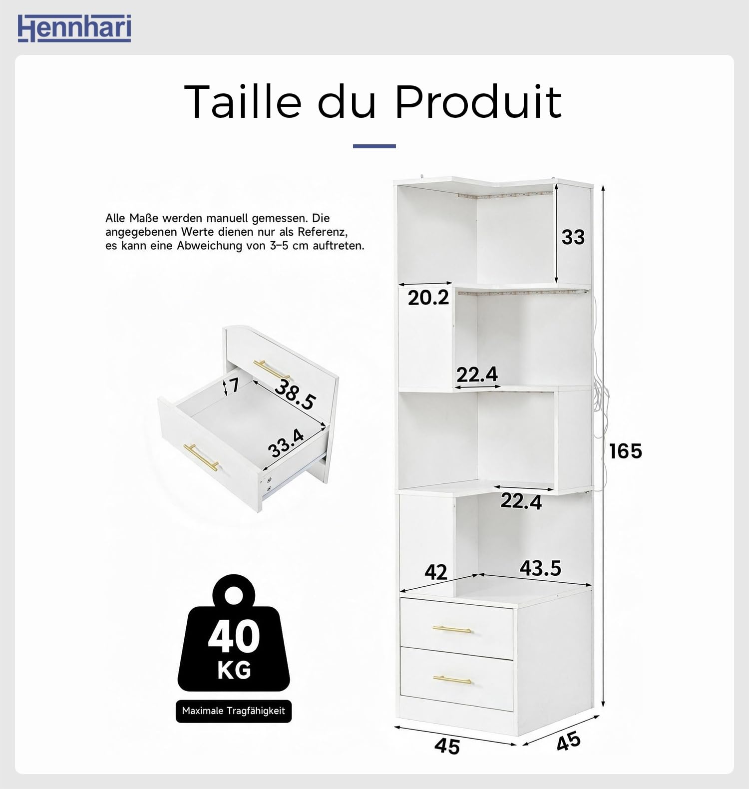 Étagère d'angle avec éclairage LED, bibliothèque à 4 Niveaux et 2 tiroirs, Meuble Multifonction de Rangement et d'exposition pour Salon, Chambre et Bureau (Blanc)