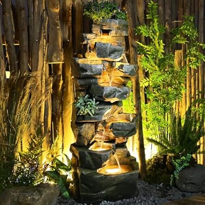 Sunlinua 58" H Outdoor Water Fountain with 7 Tiers New Upgraded Large Cascading Realistic Rock Waterfall Fountains with Lights Outdoor Water Fountain for Garden Patio Backyard Porch Home Decor