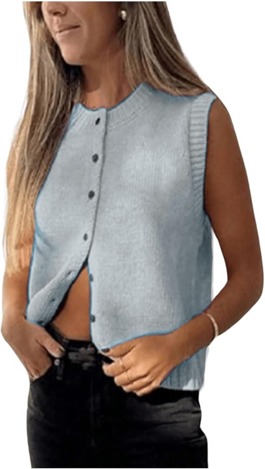 Milumia Women's Round Neck Button Up Sweater Vet Sleeveless Basic Knit Tops