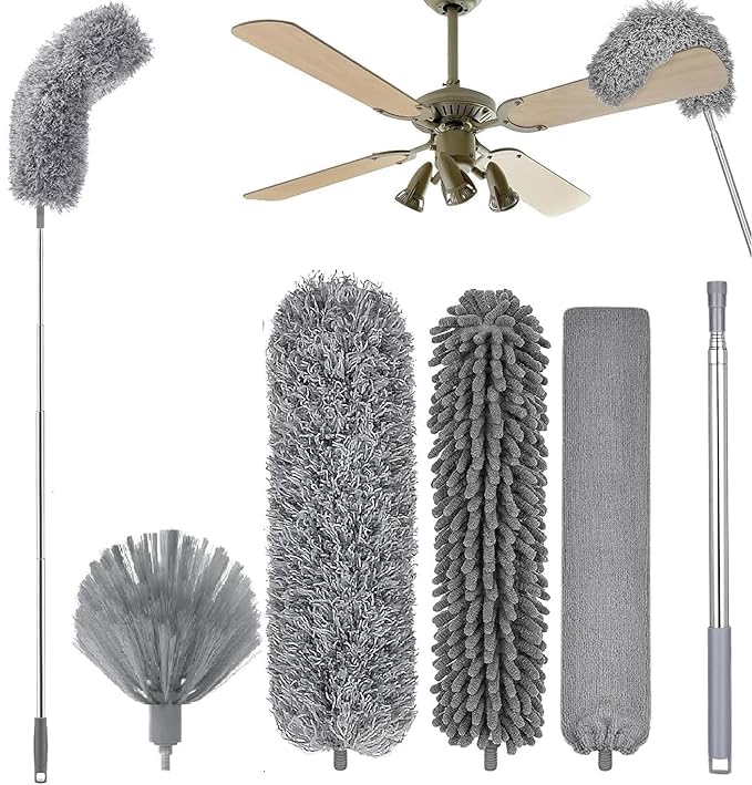 Image of 4-in-1 Extendable Microfiber Duster Kit - 100-Inch Telescopic Pole with Bendable Head - Washable Ceiling Fan, Blind, and Cobweb Cleaner for Home & Car (Multi-Piece Set)